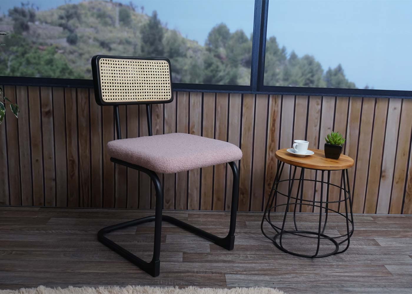 Cosmo Casa - Set van 2 Sledestoelen - Stoel Fauteuil - Hout & Rotan & Metaal - Bouclé Textiel - Roze