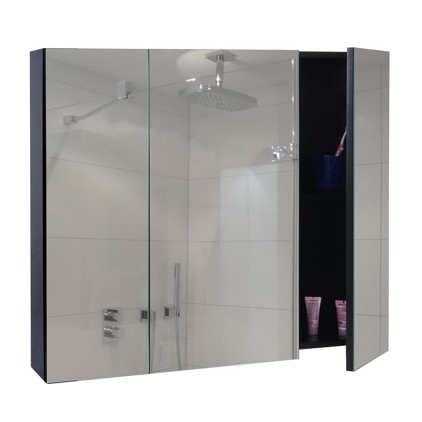 Cosmo Casa - Spiegelkast - Badkamerkast Hangkast - 6 Planken, High Gloss - Zwart - 70×80×16 cm