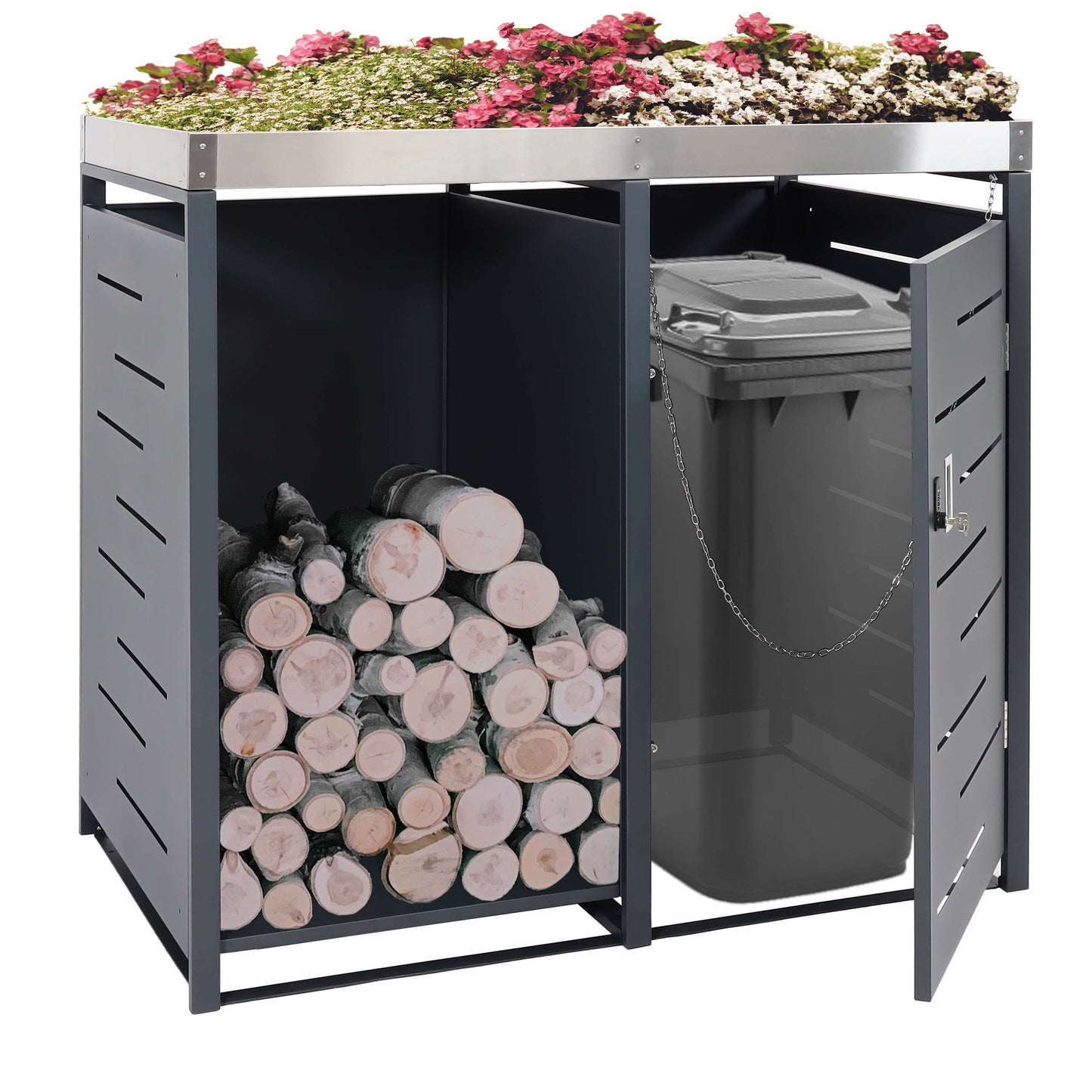 Cosmo Casa - 1-delige Vuilnisbakbekleding met Brandhoutopslag - Uitbreidbaar - Metaal - Antraciet - 125×130×80 cm