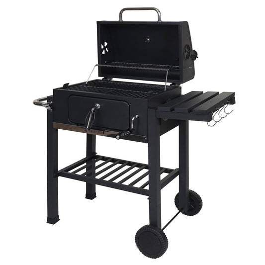 Cosmo Casa - Grillwagen Houtskool BBQ - Staande Grill met Deksel & Planken - Staal - 110×100×51 cm - Zwart
