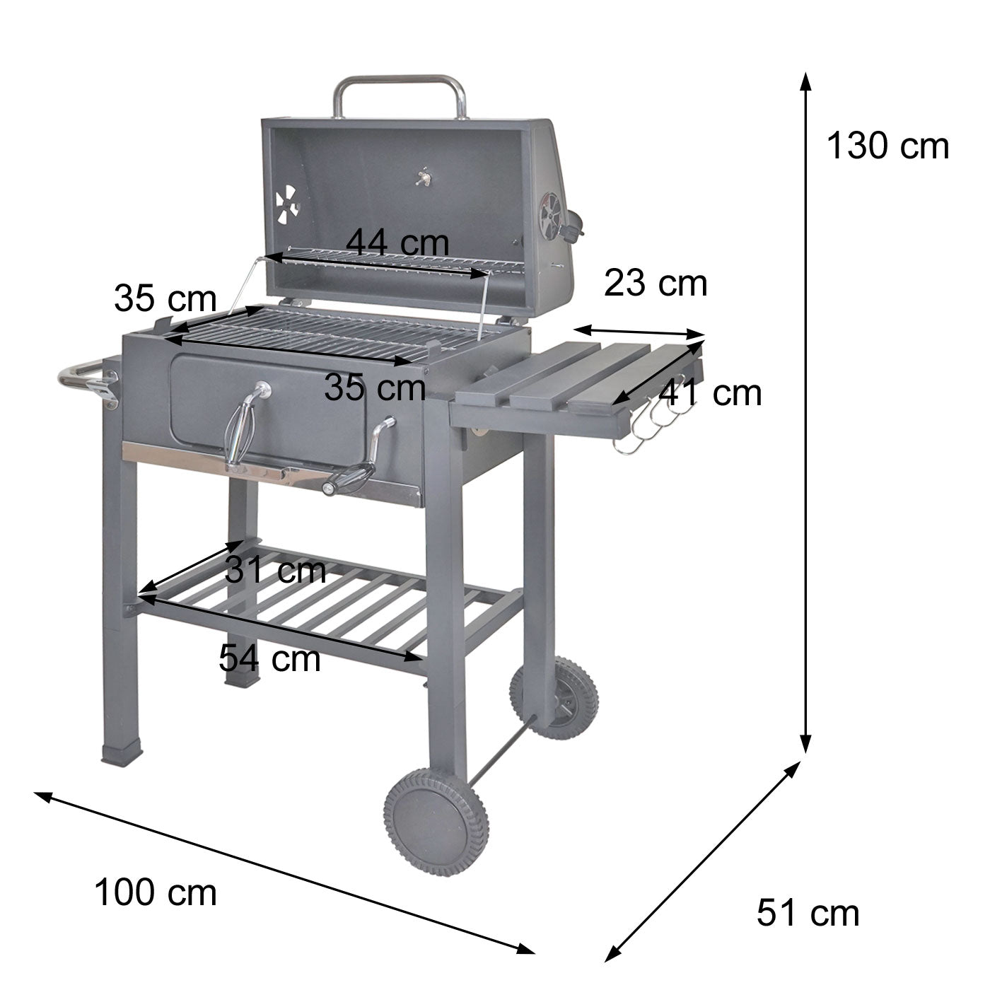 Cosmo Casa - Grillwagen Houtskool BBQ - Staande Grill met Deksel & Planken - Staal - 110×100×51 cm - Zwart