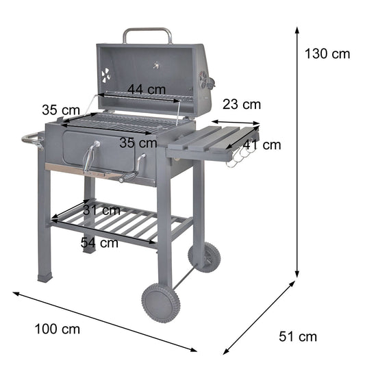 Cosmo Casa - Grillwagen Houtskool BBQ - Staande Grill met Deksel & Planken - Staal - 110×100×51 cm - Zwart