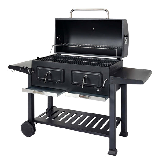 Cosmo Casa - Houtskoolgrill - Grillwagen met Dekselplank - Gemailleerd Staal - 110×153×60 cm - Zwart