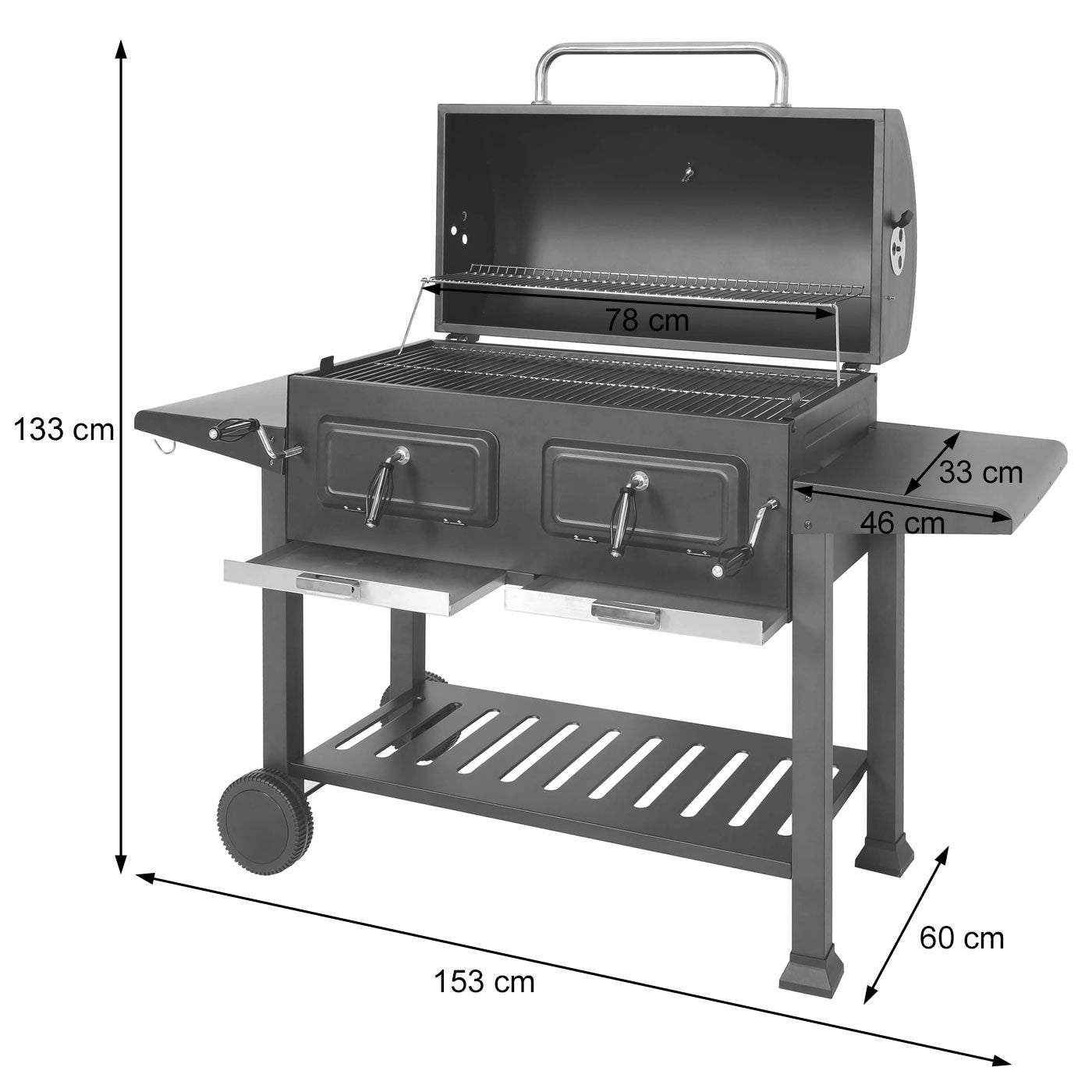 Cosmo Casa - Houtskoolgrill - Grillwagen met Dekselplank - Gemailleerd Staal - 110×153×60 cm - Zwart
