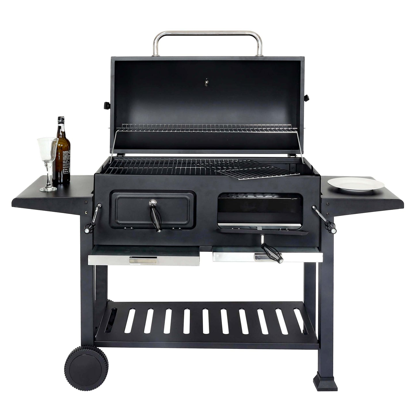 Cosmo Casa - Houtskoolgrill - Grillwagen met Dekselplank - Gemailleerd Staal - 110×153×60 cm - Zwart