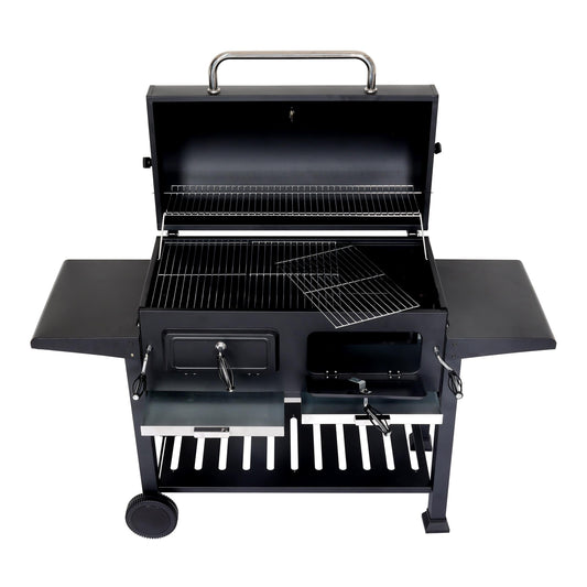 Cosmo Casa - Houtskoolgrill - Grillwagen met Dekselplank - Gemailleerd Staal - 110×153×60 cm - Zwart