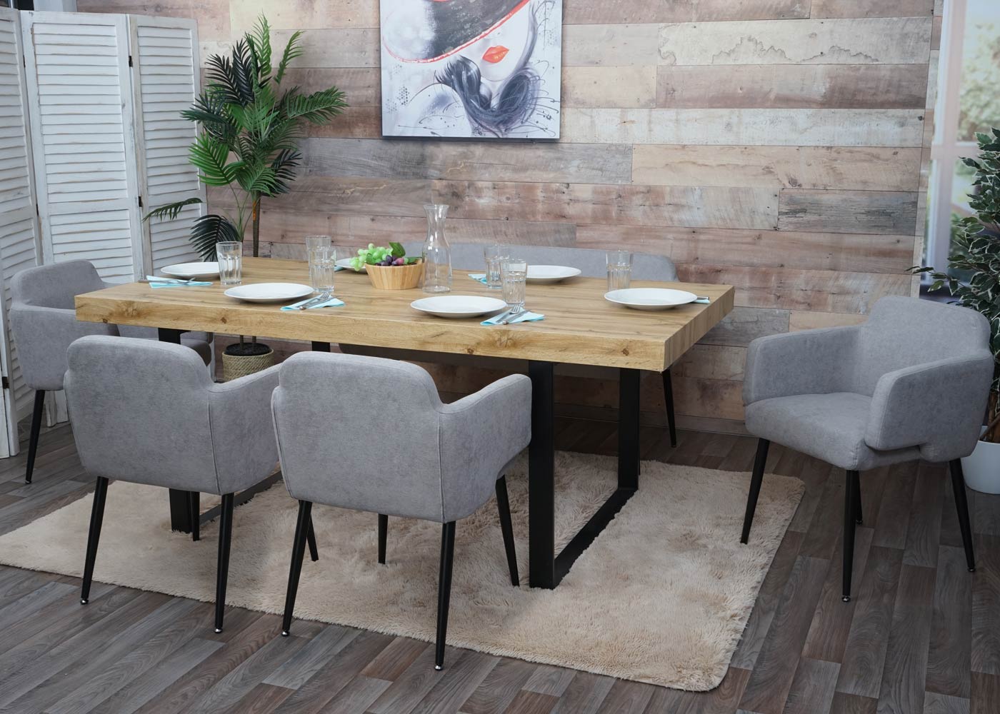 Cosmo Casa - Eetkamerset van 4 Stoelen en Bank - Eetkamergroep - Textiel - Grijs