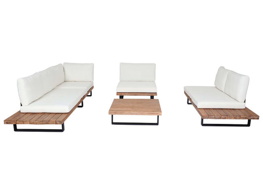 Cosmo Casa - Tuinset met Fauteuil - Loungebank & Fauteuil - Gesponnen Poly & Acaciahout & Aluminium - Lichtbruin - Bekleding Crèmewit