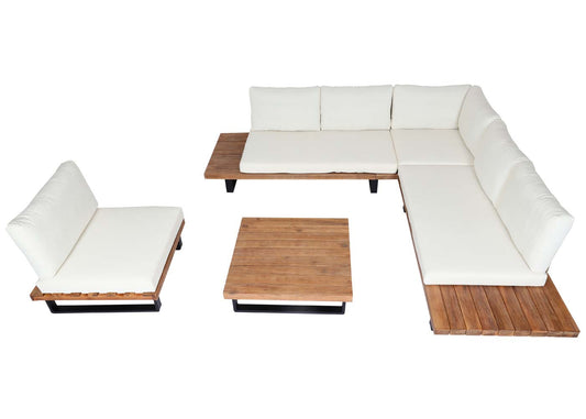 Cosmo Casa - Tuinset met Fauteuil - Loungebank & Fauteuil - Gesponnen Poly & Acaciahout & Aluminium - Lichtbruin - Bekleding Crèmewit