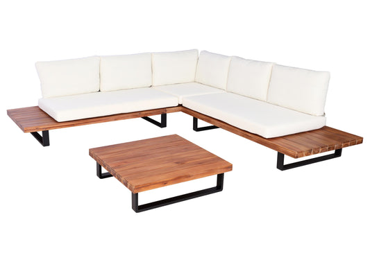 Cosmo Casa - Tuinset Zitgroep Lounge met Bank - Gesponnen Poly & Acaciahout & Aluminium - Bruin - Bekleding Crèmekleurig