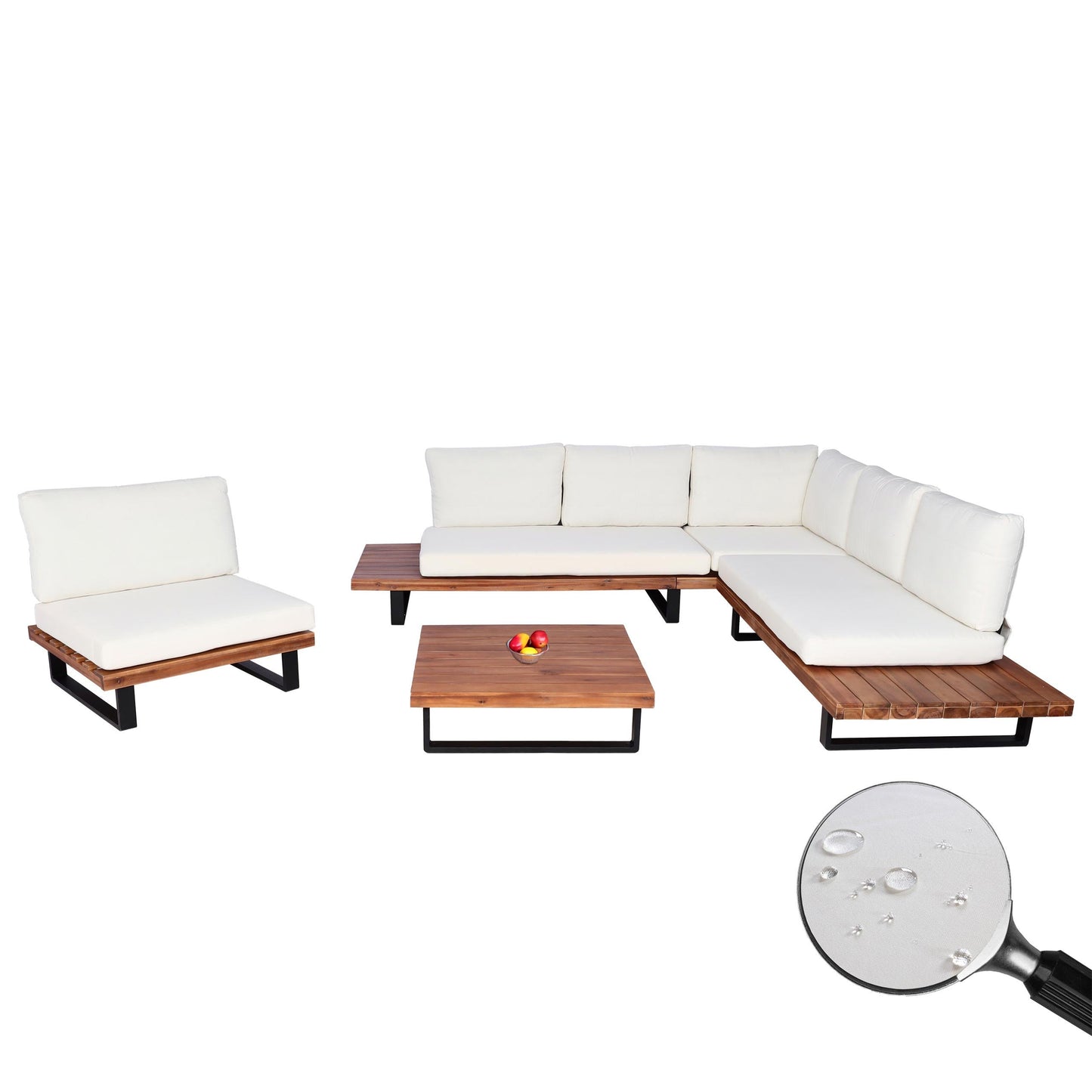 Cosmo Casa - Tuinset met Fauteuil - Loungebank - Gesponnen Poly & Acaciahout & Aluminium - Bruin - Bekleding Crèmekleurig