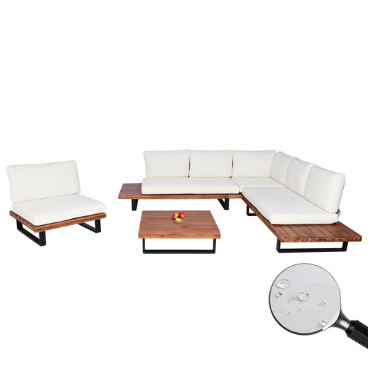 Cosmo Casa - Tuinset met Fauteuil - Loungebank - Gesponnen Poly & Acaciahout & Aluminium - Bruin - Bekleding Crèmekleurig