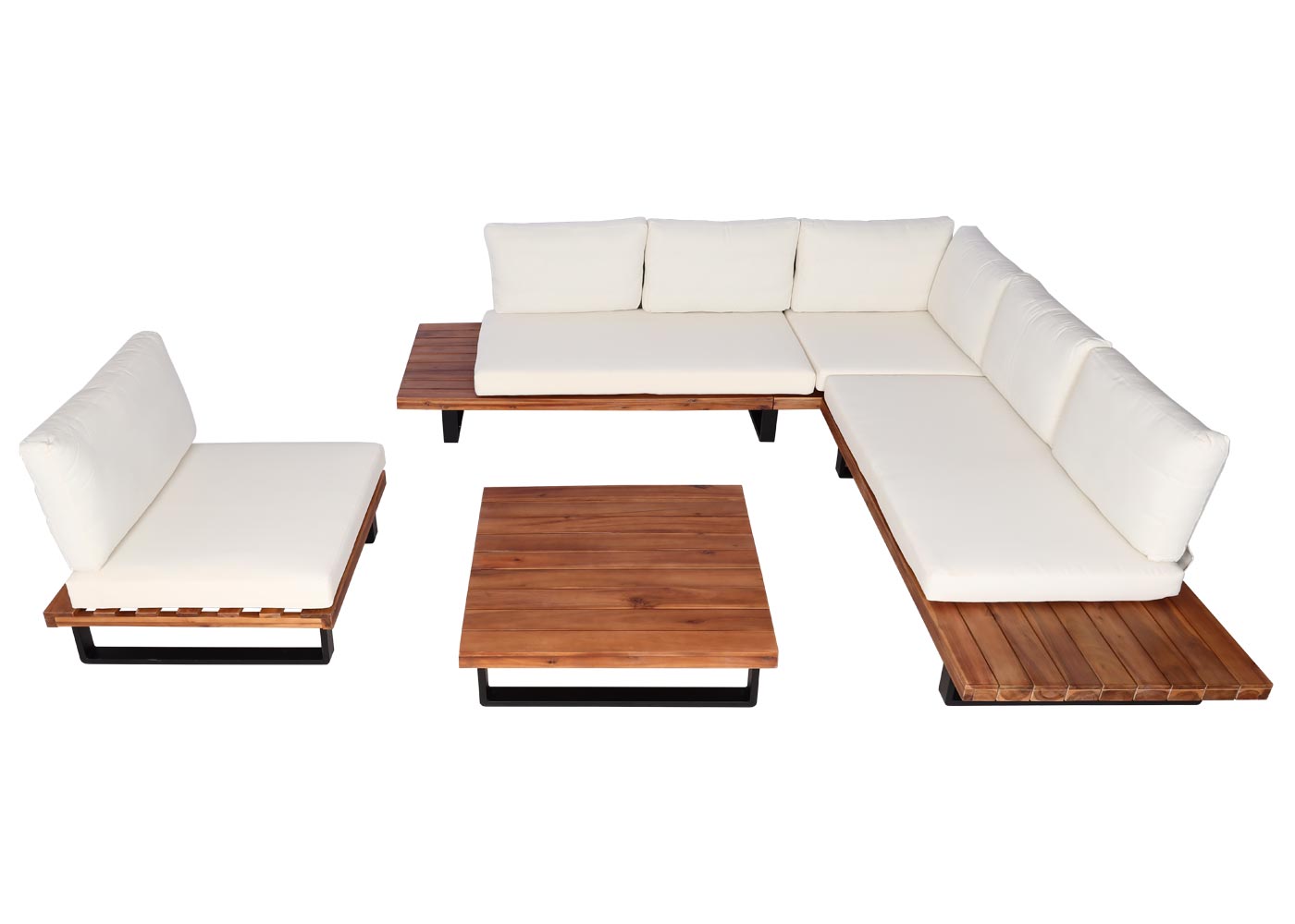 Cosmo Casa - Tuinset met Fauteuil - Loungebank - Gesponnen Poly & Acaciahout & Aluminium - Bruin - Bekleding Crèmekleurig