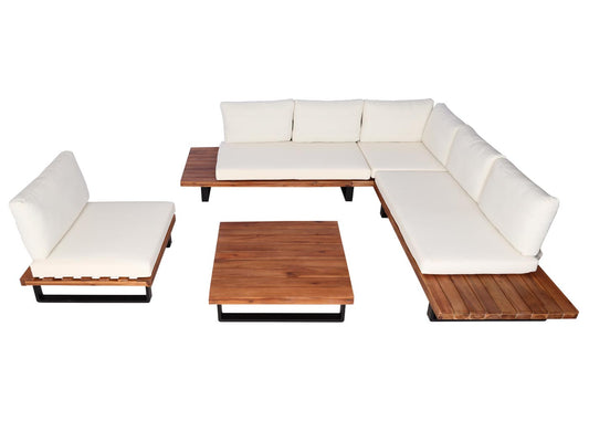 Cosmo Casa - Tuinset met Fauteuil - Loungebank - Gesponnen Poly & Acaciahout & Aluminium - Bruin - Bekleding Crèmekleurig