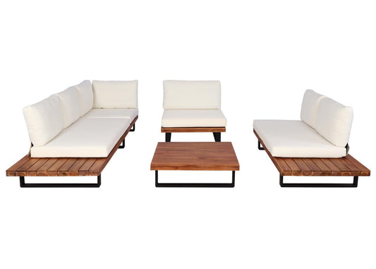 Cosmo Casa - Tuinset met Fauteuil - Loungebank - Gesponnen Poly & Acaciahout & Aluminium - Bruin - Bekleding Crèmekleurig