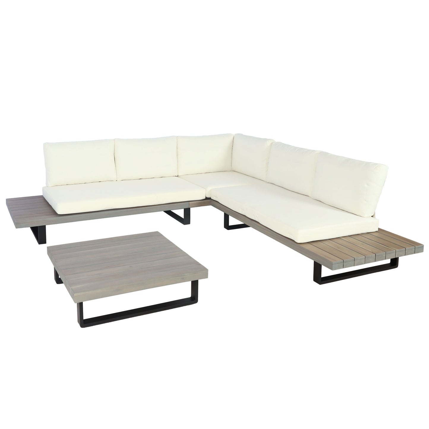 Cosmo Casa - Tuinset - Zitgroep Lounge - Gesponnen Poly & Acaciahout & Aluminium - Grijs - Bekleding Crèmewit