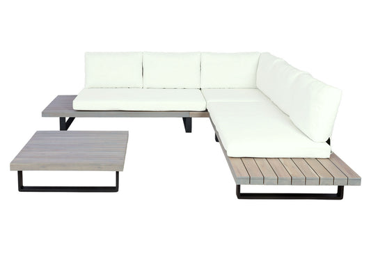 Cosmo Casa - Tuinset - Zitgroep Lounge - Gesponnen Poly & Acaciahout & Aluminium - Grijs - Bekleding Crèmewit