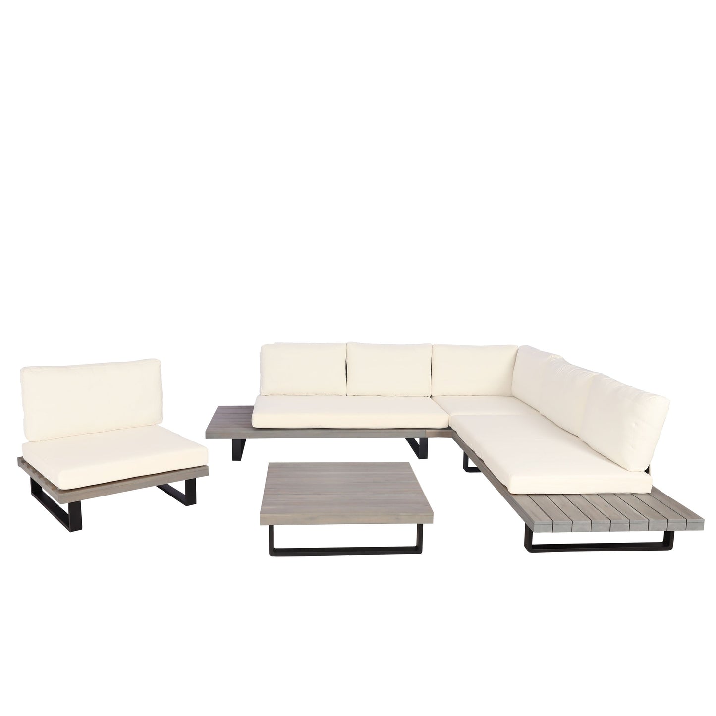 Cosmo Casa - Tuinset met Fauteuil - Loungebank & Fauteuil - Gesponnen Poly & Acaciahout & Aluminium - Grijs - Bekleding Crèmewit