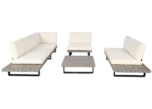 Cosmo Casa - Tuinset met Fauteuil - Loungebank & Fauteuil - Gesponnen Poly & Acaciahout & Aluminium - Grijs - Bekleding Crèmewit