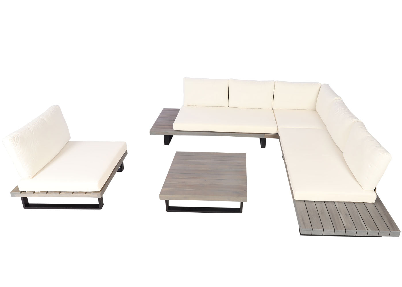 Cosmo Casa - Tuinset met Fauteuil - Loungebank & Fauteuil - Gesponnen Poly & Acaciahout & Aluminium - Grijs - Bekleding Crèmewit