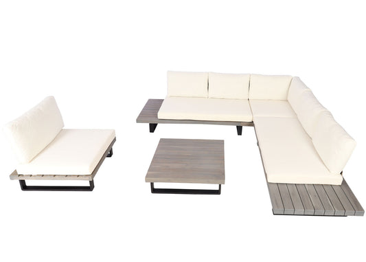 Cosmo Casa - Tuinset met Fauteuil - Loungebank & Fauteuil - Gesponnen Poly & Acaciahout & Aluminium - Grijs - Bekleding Crèmewit