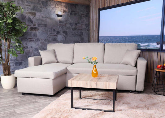 Cosmo Casa - Hoekbank met Bedkast - Nosag - Textiel - Beige - 228 cm