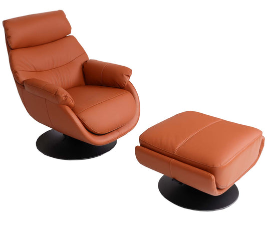 Cosmo Casa - Relaxstoel met Kruk - Wipfunctie Draaibaar - Metaal & Echt Leer & Kunstleer - Bruin