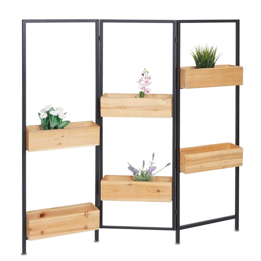 Cosmo Casa - Ruimteverdeler met Plantenbak - Hout & Staal - Zwart Frame & Natuurlijke Kleur - 116×118 cm