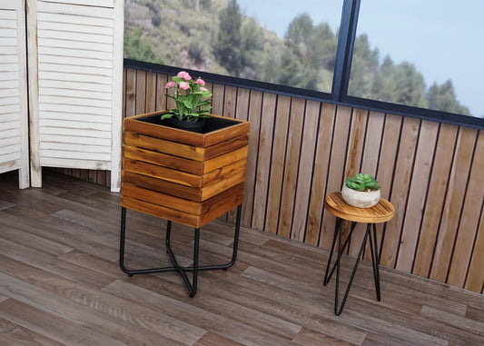 Cosmo Casa - Plantenbak Vierkant - Acaciahout & Staal - 60×33×33 cm - Bruin