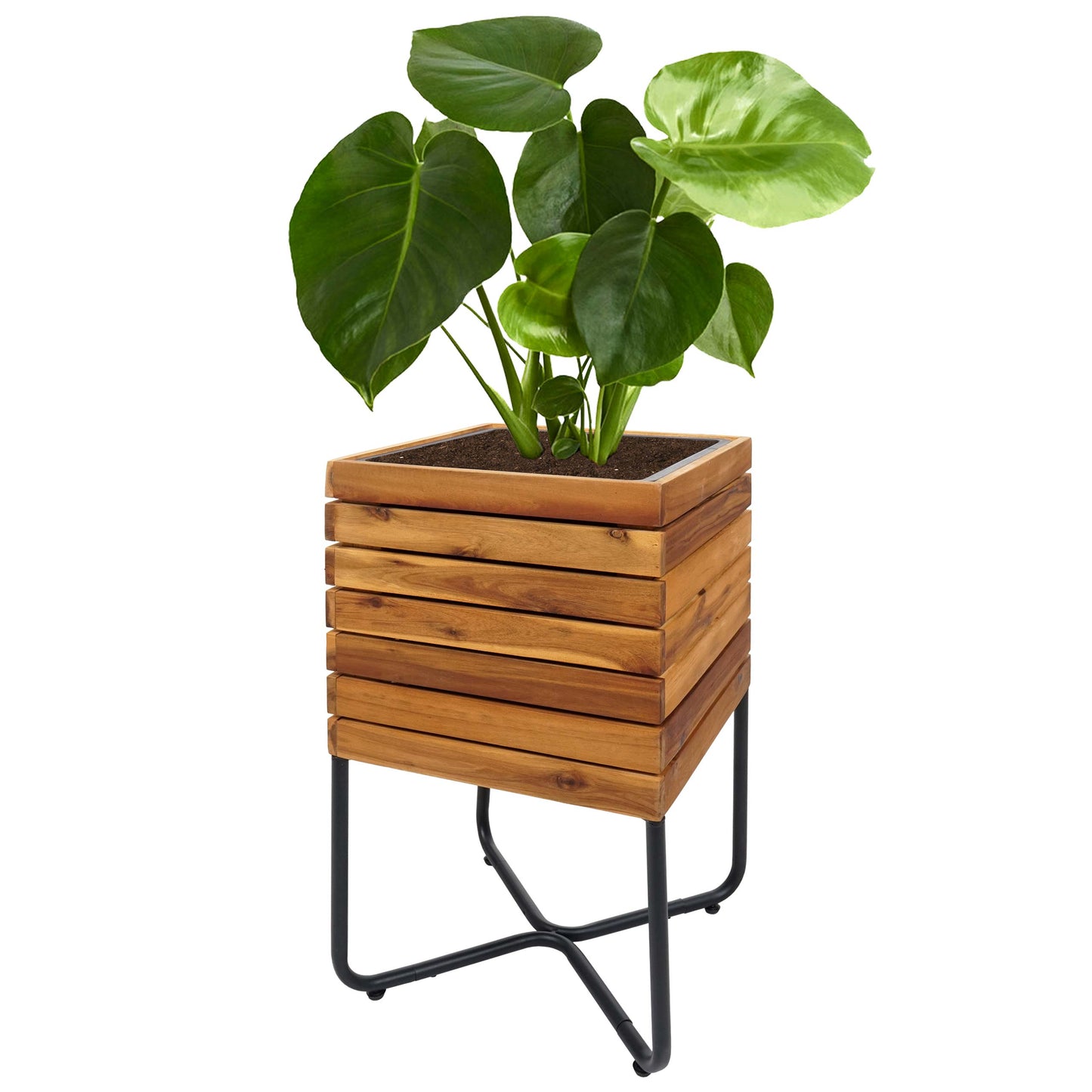 Cosmo Casa - Plantenbak Vierkant - Acaciahout & Staal - 60×33×33 cm - Bruin