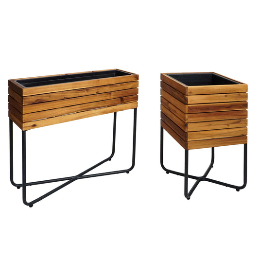 Cosmo Casa - Set van 2 Plantenbakken - Rechthoekig & Vierkant - Acaciahout & Staal - Bruin