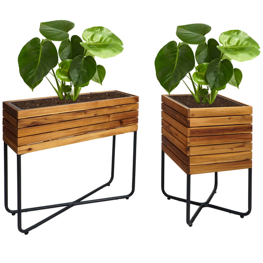 Cosmo Casa - Set van 2 Plantenbakken - Rechthoekig & Vierkant - Acaciahout & Staal - Bruin