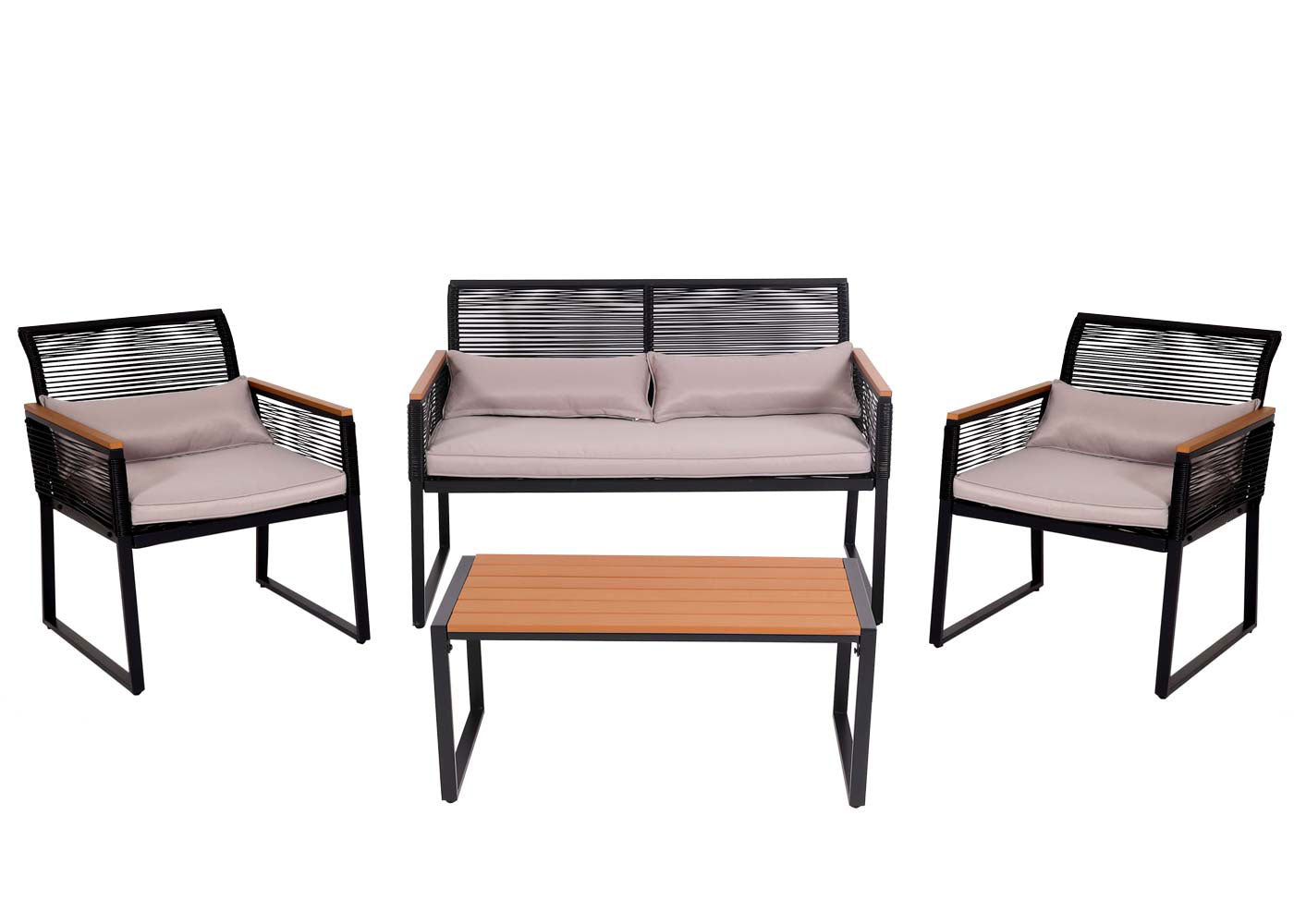 Cosmo Casa - Tuinset Loungebank - Touwgaas & Houtlook Staal - Bekleding Lichtgrijs