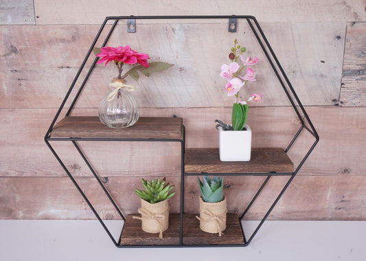 Cosmo Casa - Wandplank - Zwevend Hangend 3 Legplanken - Metaal en Massief Hout - Donkerbruin - 43x49x11cm