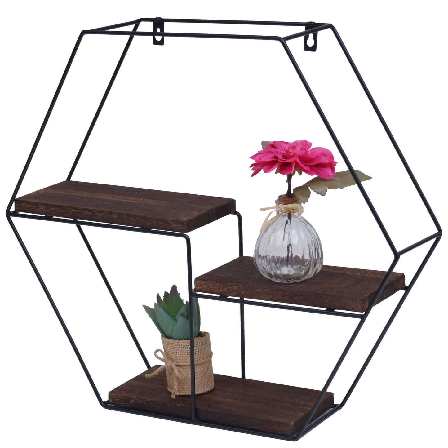 Cosmo Casa - Wandplank - Zwevend Hangend 3 Legplanken - Metaal en Massief Hout - Donkerbruin - 43x49x11cm