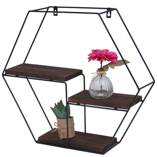 Cosmo Casa - Wandplank - Zwevend Hangend 3 Legplanken - Metaal en Massief Hout - Donkerbruin - 43x49x11cm