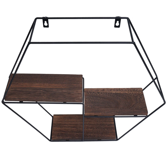 Cosmo Casa - Wandplank - Zwevend Hangend 3 Legplanken - Metaal en Massief Hout - Donkerbruin - 43x49x11cm