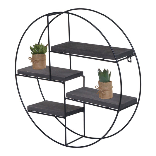 Cosmo Casa - Wandplank - Zwevend Hangend 4 Legplanken - Metaal en Massief Hout - Donkergrijs - 45x45x11cm