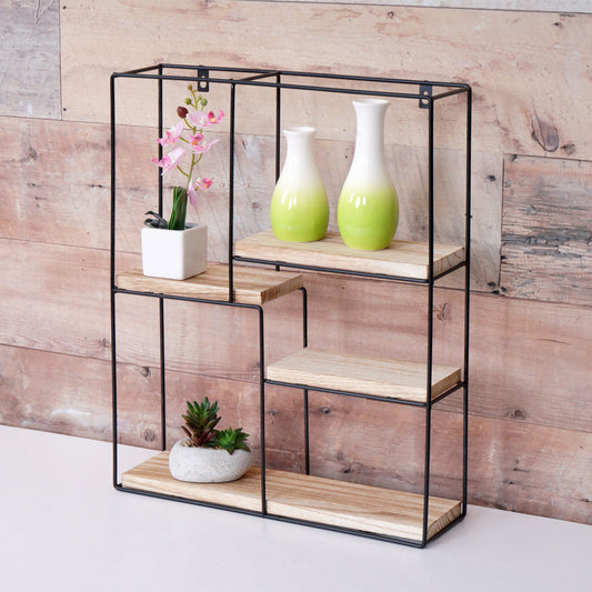 Cosmo Casa - Wandplank - Zwevend Hangend 4 Legplanken - Metaal en Massief Hout - Naturel - 51x40x11cm