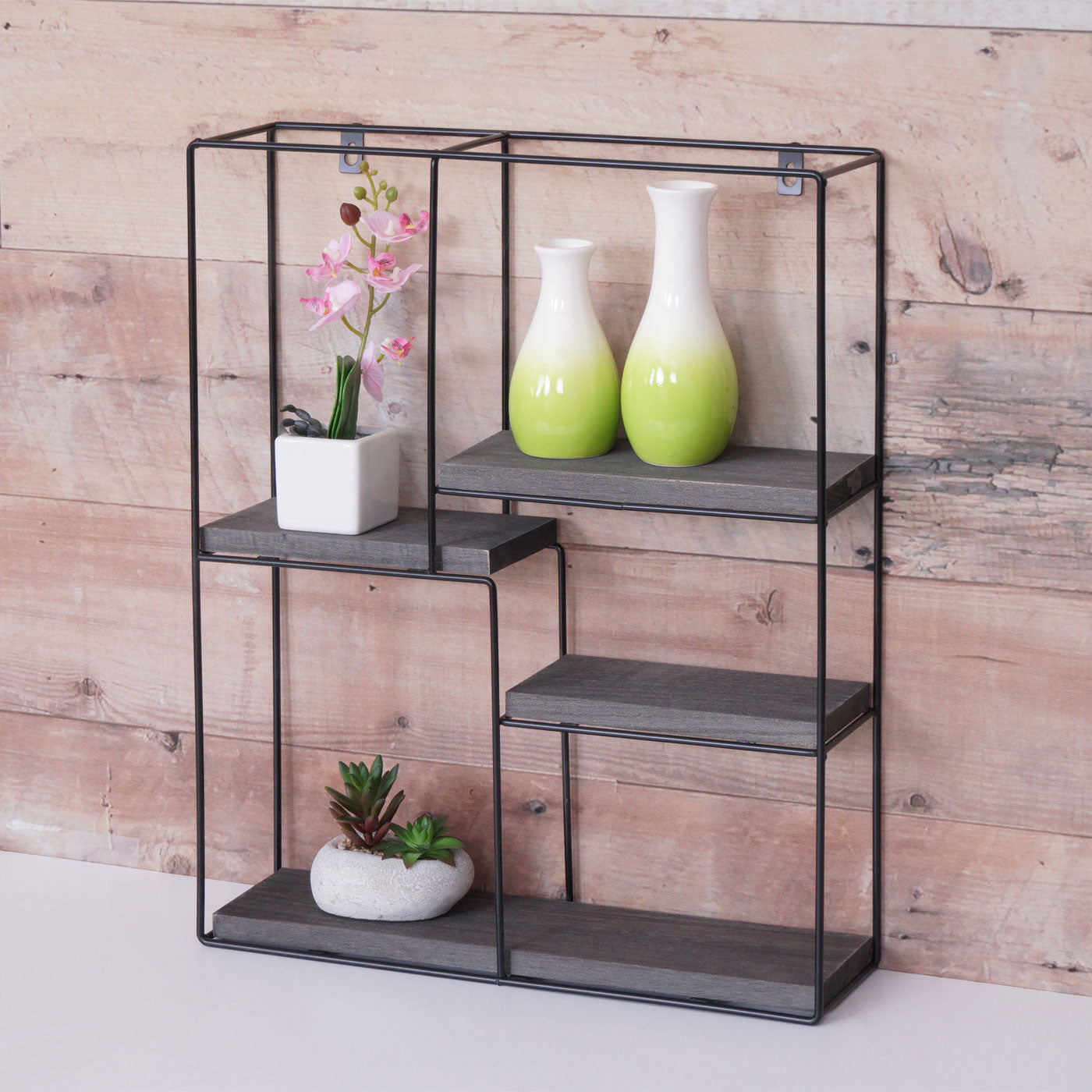 Cosmo Casa - Wandplank - Zwevend Hangend 4 Legplanken - Metaal en Massief Hout - Donkergrijs - 51x40x11cm