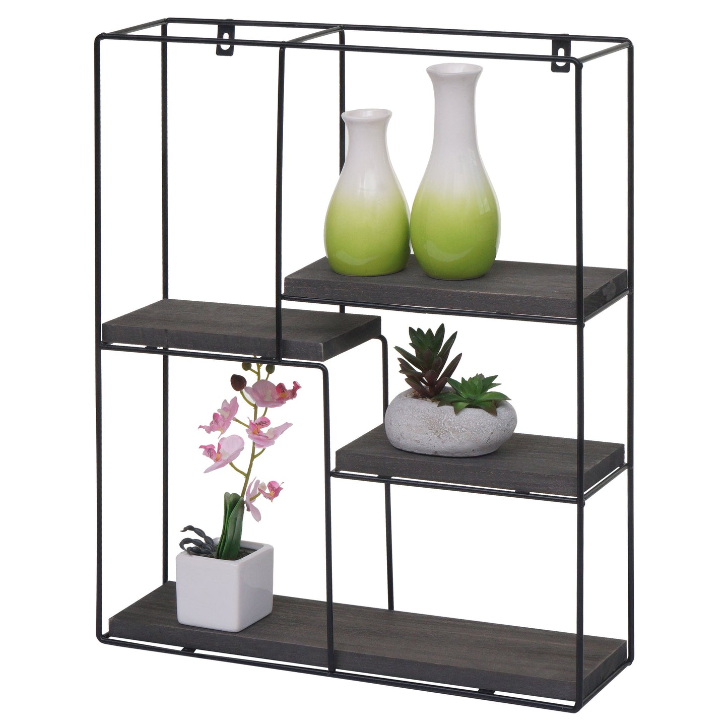 Cosmo Casa - Wandplank - Zwevend Hangend 4 Legplanken - Metaal en Massief Hout - Donkergrijs - 51x40x11cm