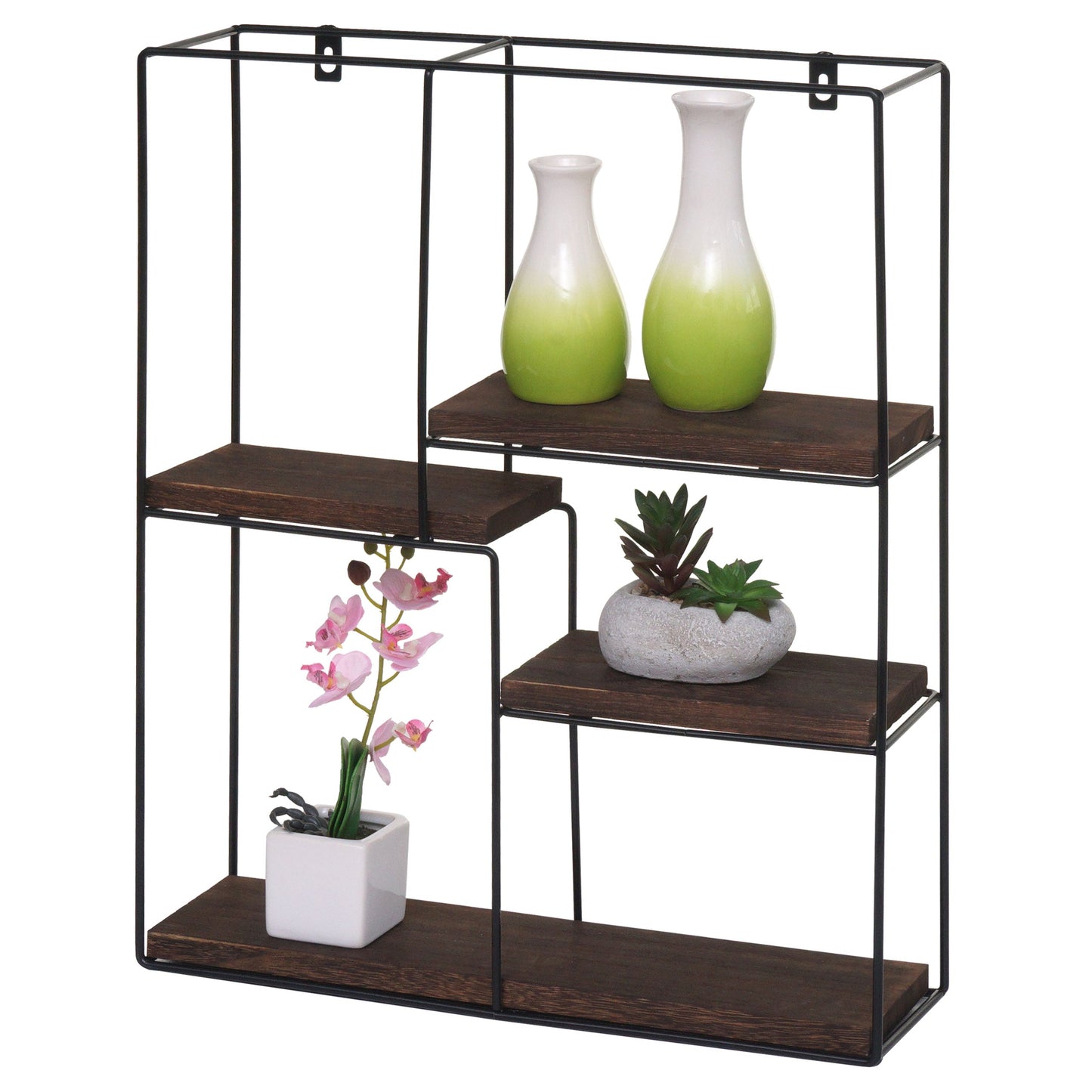 Cosmo Casa - Wandplank - Zwevend Hangend 4 Legplanken - Metaal en Massief Hout - Donkerbruin - 51x40x11cm