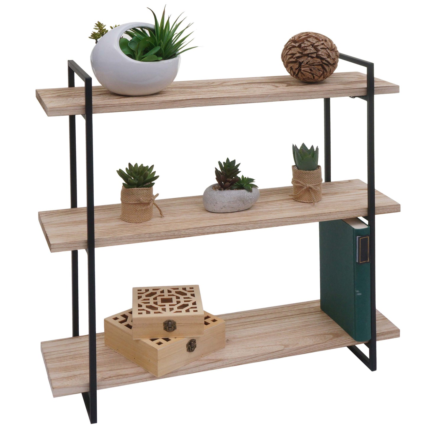 Cosmo Casa - Wandplank - Hangende Zwevende Plank Industrieel - Massief Hout & Metaal - Naturel & Zwart - 3 planken, 60×60×18 cm