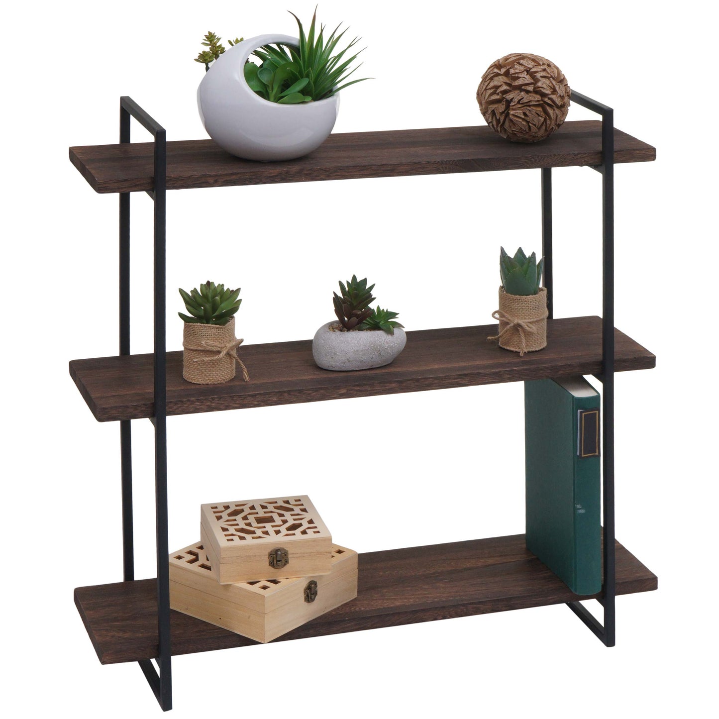 Cosmo Casa - Wandplank - Industrieel massief hout en metaal - Donkerbruin en zwart - 60x60x18cm