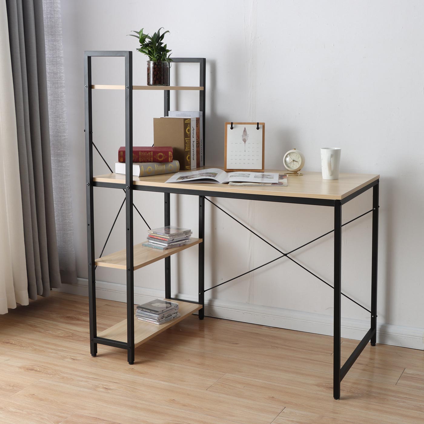 Cosmo Casa - Bureau met Plank - Laptoptafel Kantoortafel - Metaal en Hout - Naturel - 100x60cm