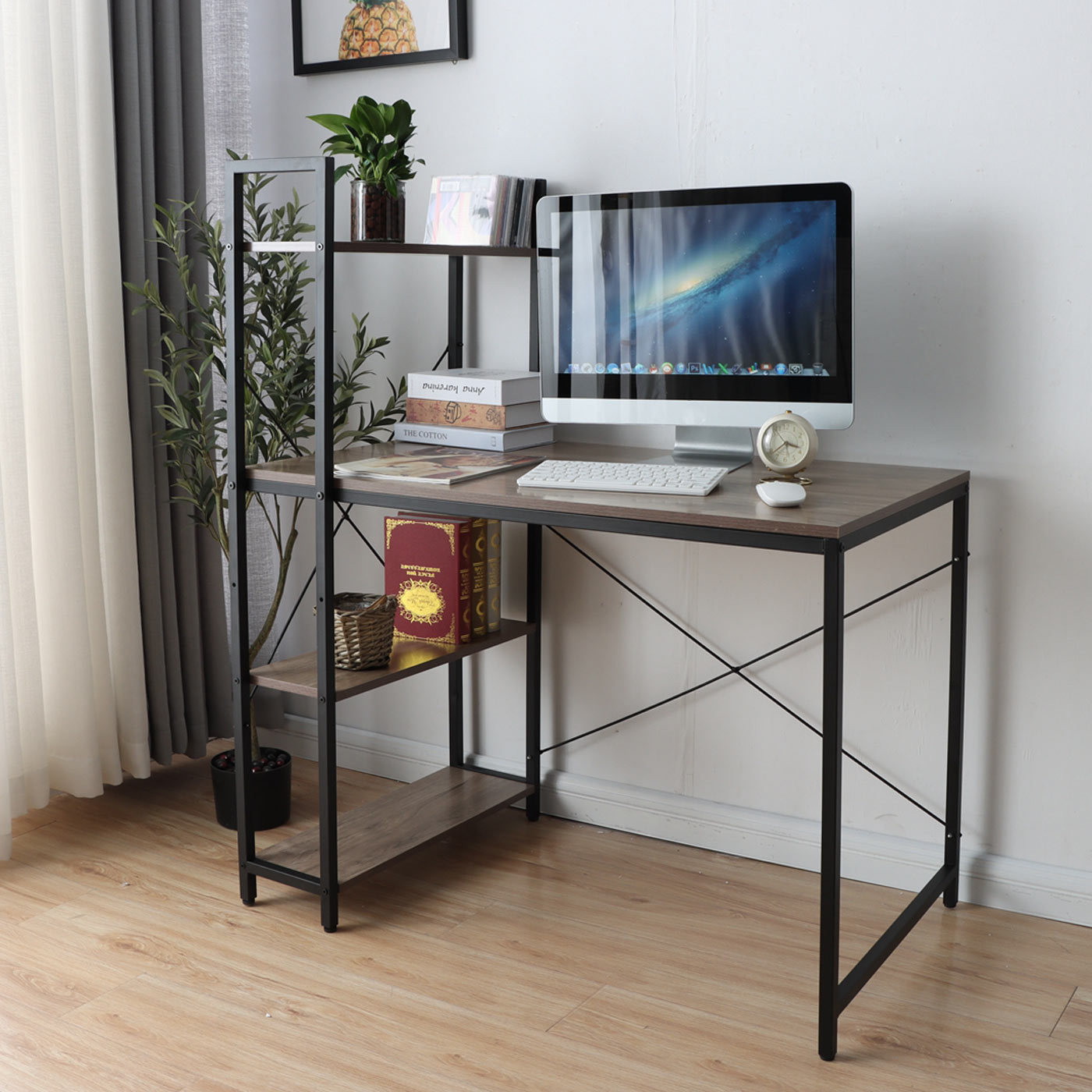 Cosmo Casa - Bureau met Plank - Laptoptafel Kantoortafel - Metaal en MDF - Grijsbruin - 100x60cm