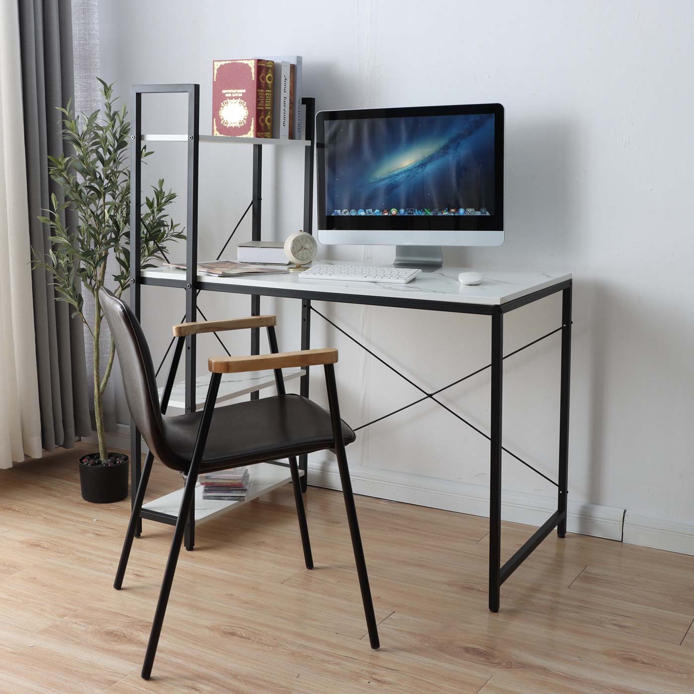 Cosmo Casa - Bureau met Plank - Laptoptafel Kantoortafel - Metaal en MDF Marmerlook - Wit - 100x60cm
