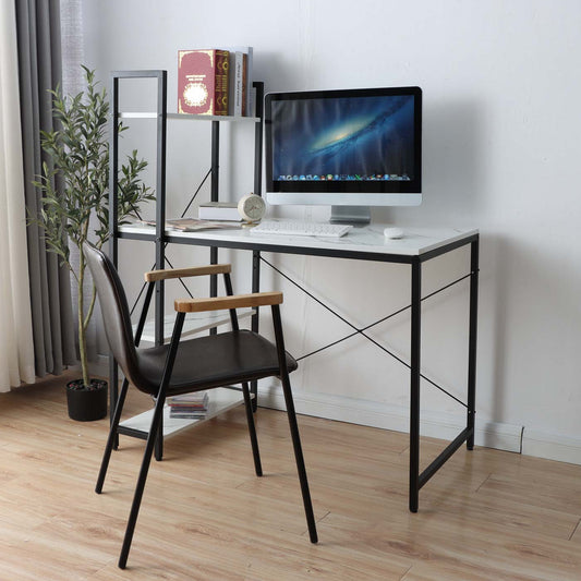 Cosmo Casa - Bureau met Plank - Laptoptafel Kantoortafel - Metaal en MDF Marmerlook - Wit - 100x60cm