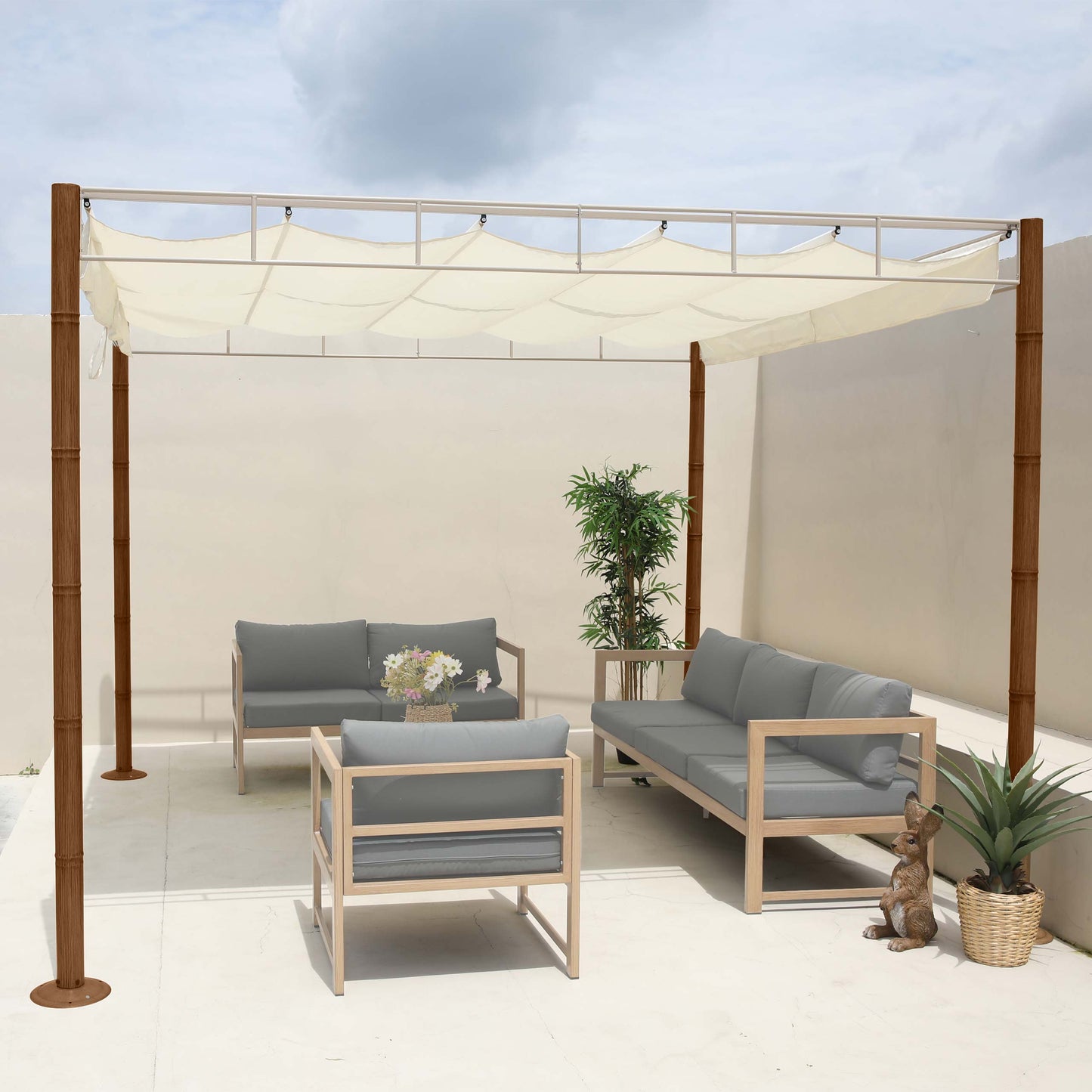 Cosmo Casa - Pergola - Tuinpaviljoen Terrasoverkapping - Stabiel 7 cm Metalen Frame - Bamboe Look Crèmewit - 3×3 m