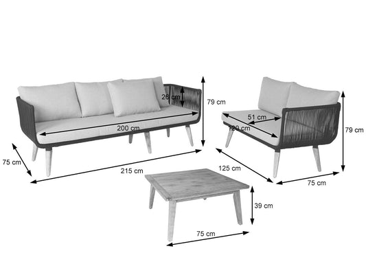 Cosmo Casa - Tuinset - Lounge Set met Bank - Acaciahout - Bekleding Donkergrijs - MVG-Gecertificeerd